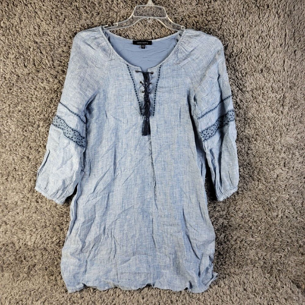 Sanctuary Women's Dress Sz‎ S Blue Linen Embroidered Lace Up